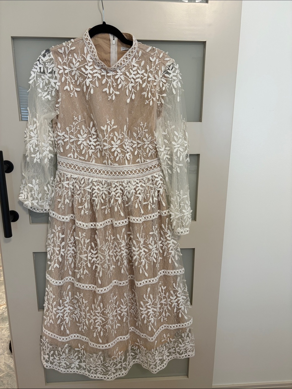 Women’s Tan Dress with White Floral Lace Embroidery